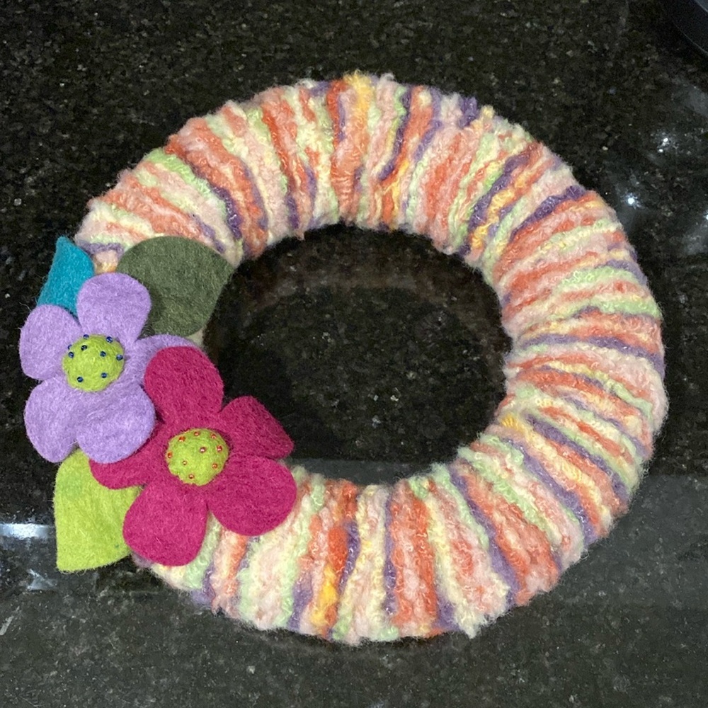 Handmade Yarn Wreath with Felt Flowers and Bead Details 10.75”